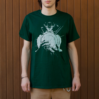 <p class=makeinvisible>Dark green t-shirt, 100% cotton, with a silkscreen print hand-pulled with white water-based ink.
Produced in a limited edition of 100 t-shirts, individually numbered.
Original illustration by Seriousgrafia.
Hand-printed in Italy.</p> Buy <a href=http://www.reputeka.com/en/genesi---t-shirt-artigianale_seriousgrafia target=blank>online</a> or in <a href=contact.html#negozi target=blank>conventioned stores</a>.